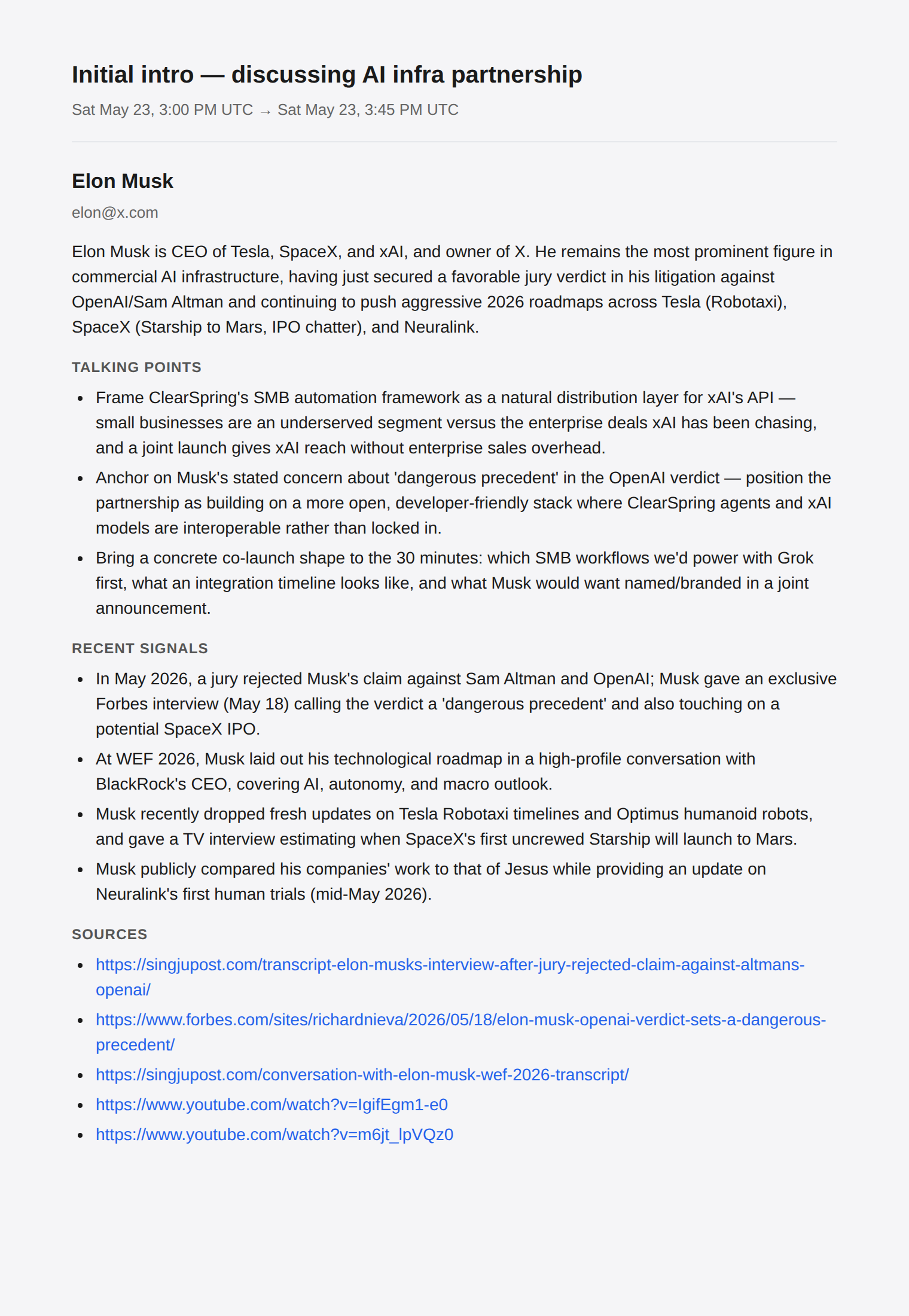 Email briefing for the Elon Musk meeting